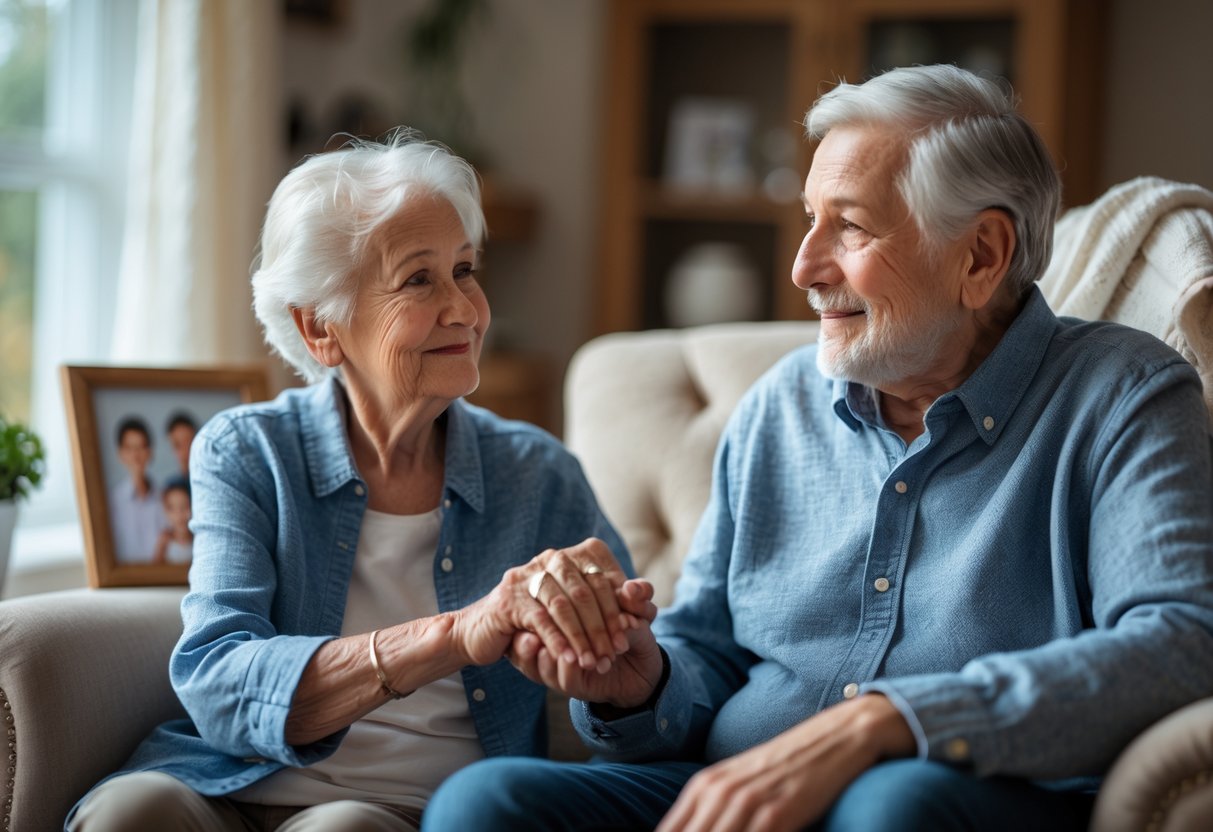 An elderly grandmother and her adult grandson sitting together in a living room, sharing a heartfelt conversation about becoming a father.