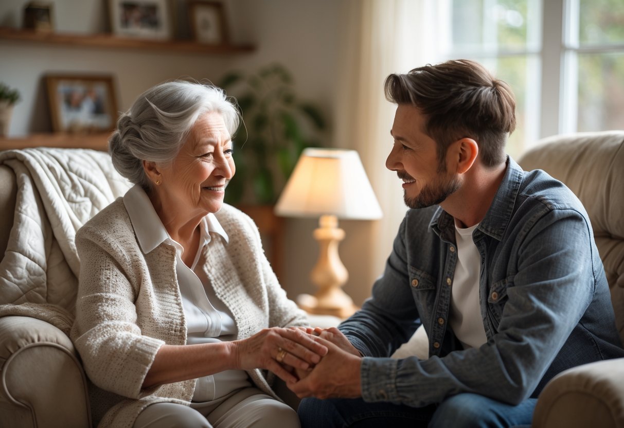 An elderly grandmother and her adult grandson sit together in a cozy living room, holding hands and sharing a heartfelt moment.