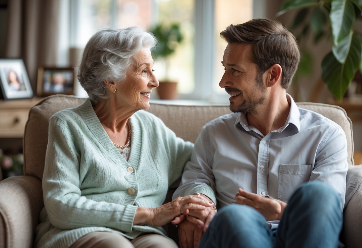 An elderly grandmother giving advice to her adult grandson in a cozy living room.