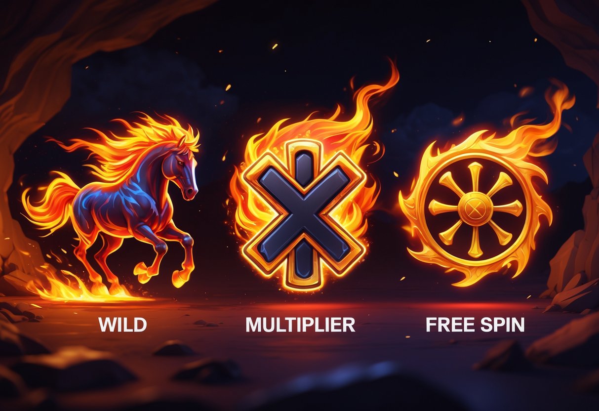 Ilustrasi tiga simbol penting dari permainan Fire Stampede 2™, yaitu kuda api sebagai simbol Wild, angka pengali emas sebagai simbol Multiplier, dan roda berputar berapi sebagai simbol Free Spin, dengan latar belakang api yang dinamis.