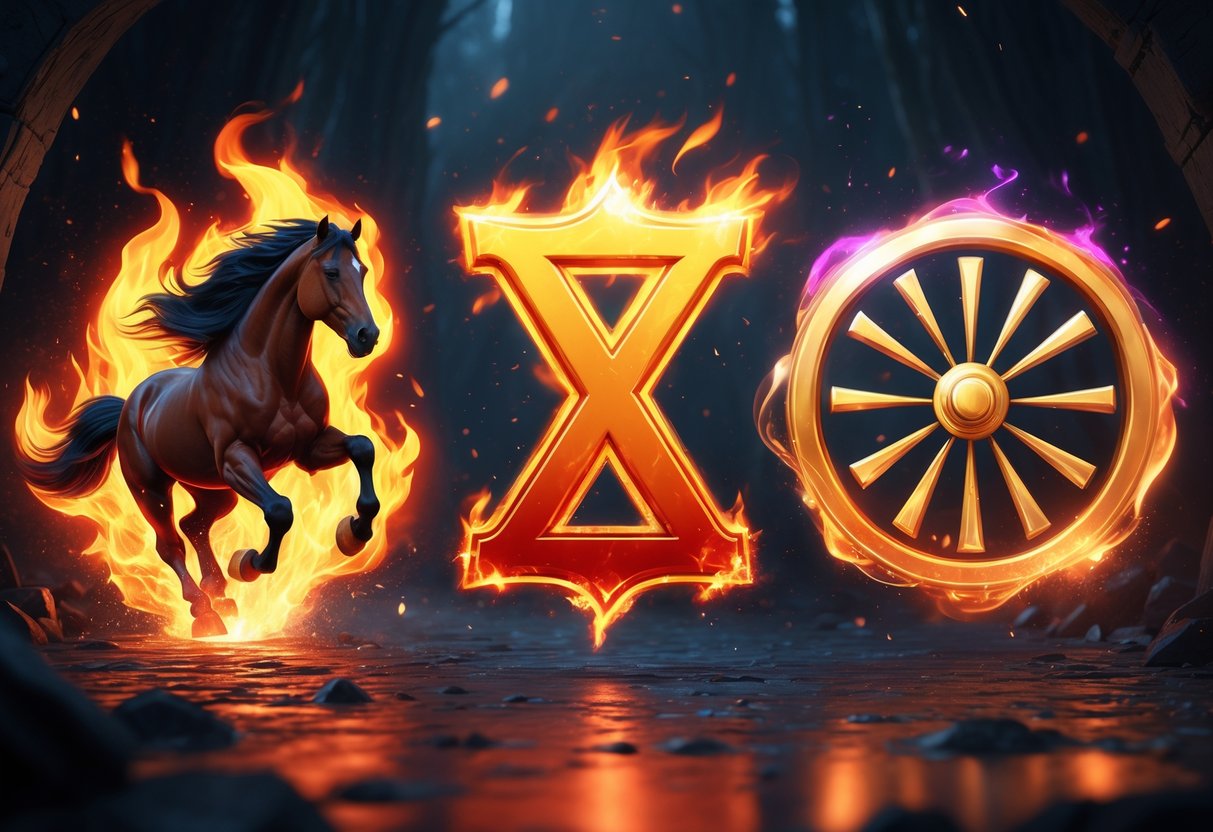 Ilustrasi tiga simbol utama dari permainan Fire Stampede 2: kuda berapi sebagai simbol Wild, angka perkalian emas sebagai simbol Multiplier, dan roda berputar berwarna-warni sebagai simbol Free Spin, dengan latar belakang gelap dan efek cahaya menyala.