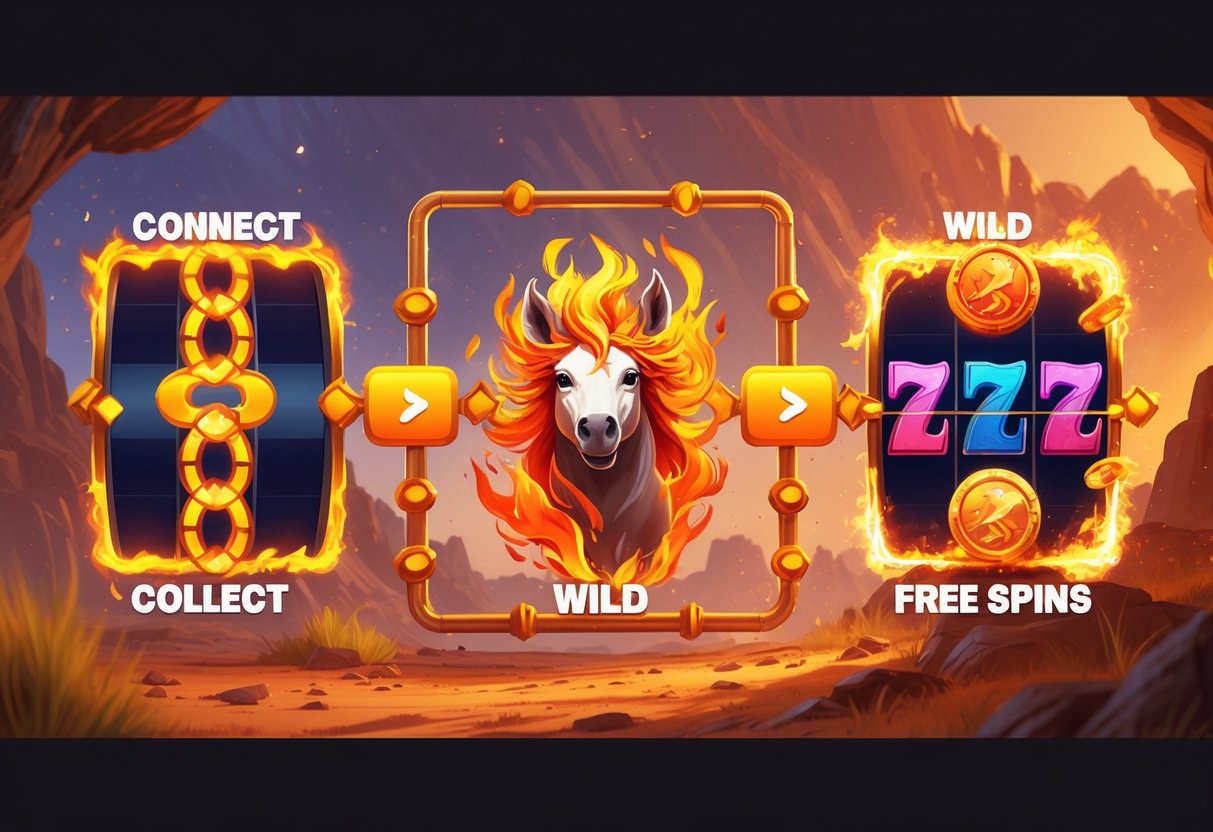 Ilustrasi fitur utama dari permainan Fire Stampede 2™, menampilkan simbol Connect & Collect, Wild Multiplier, dan Free Spins dengan latar belakang lanskap api dan kuda liar.