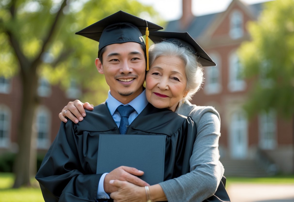 Grandmother embracing her grandson in graduation cap and gown outdoors on his graduation day.
