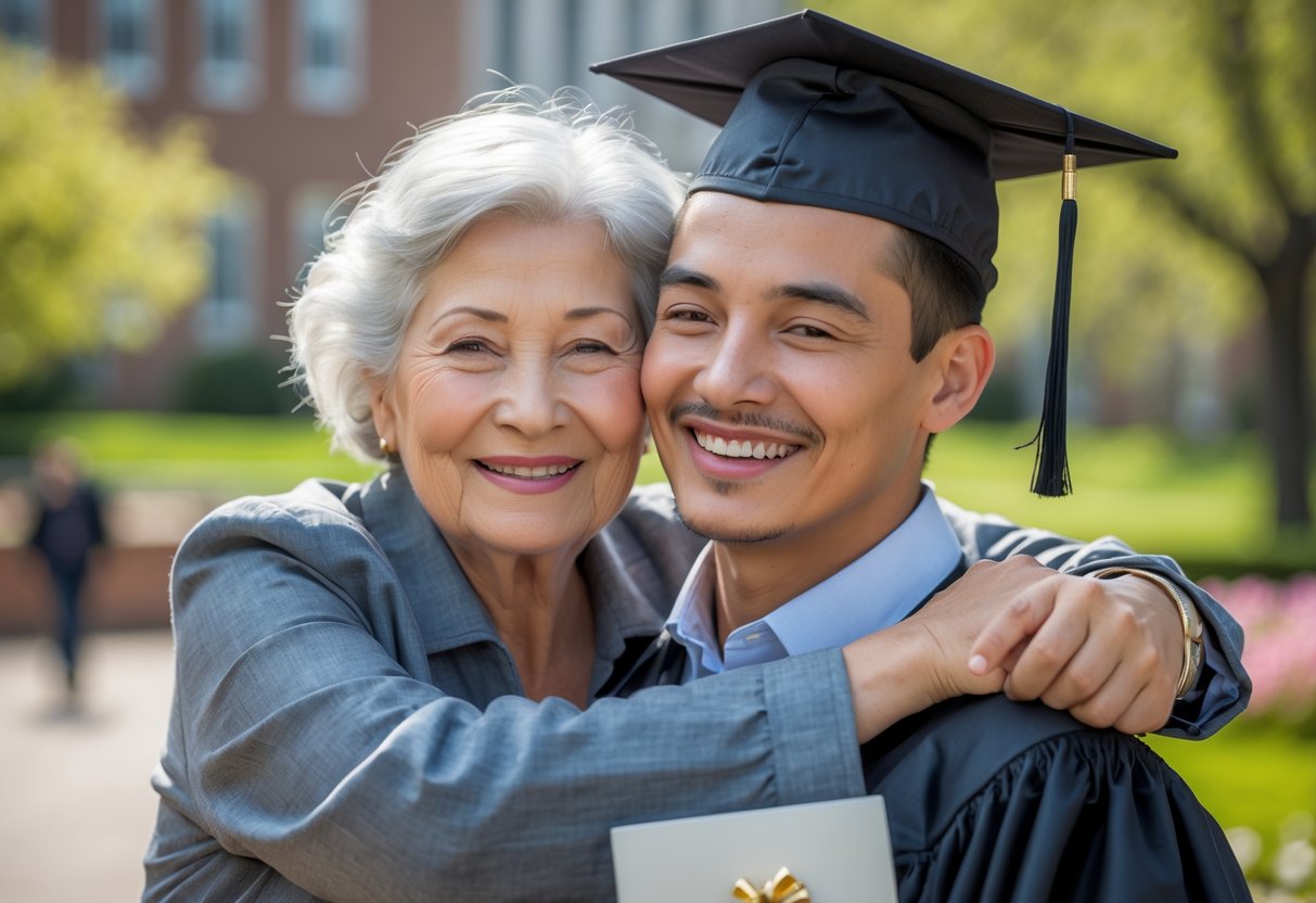 Grandmother warmly embracing her grandson in graduation cap and gown outdoors on his graduation day.