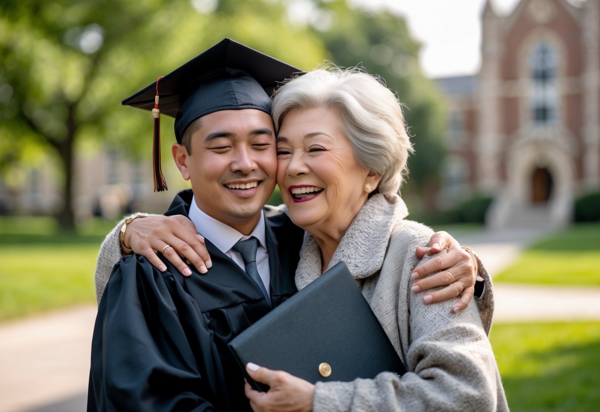 A grandmother lovingly embraces her grandson who is wearing a graduation cap and gown, both smiling happily outdoors on his graduation day.