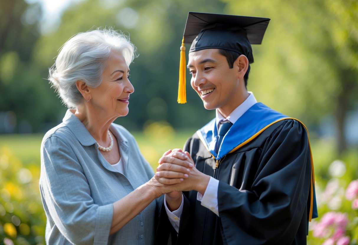 Grandmother holding her grandson's hands as he wears a graduation cap and gown outdoors on his graduation day.