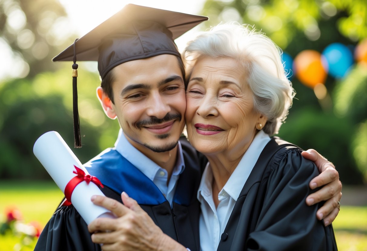 Grandmother hugging her grandson in graduation cap and gown outdoors, both smiling happily.