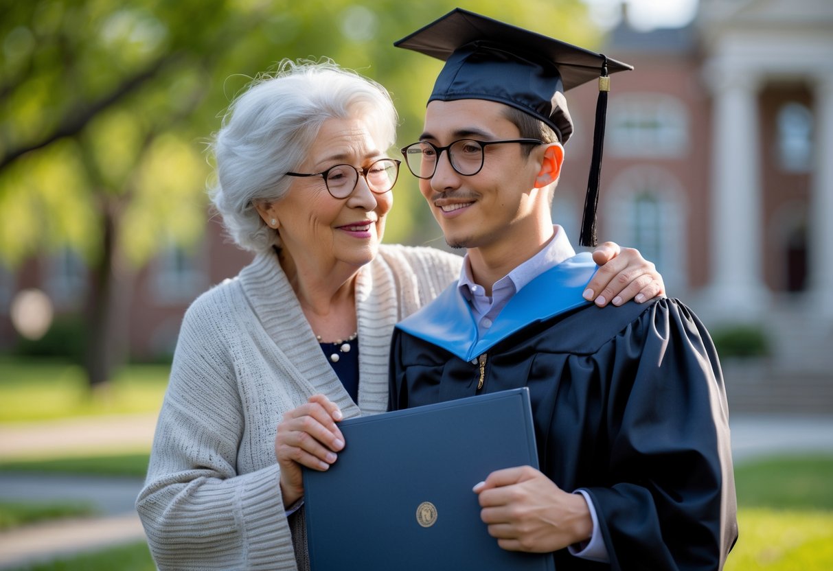 Grandmother warmly embracing her grandson in graduation gown outdoors on a sunny day.