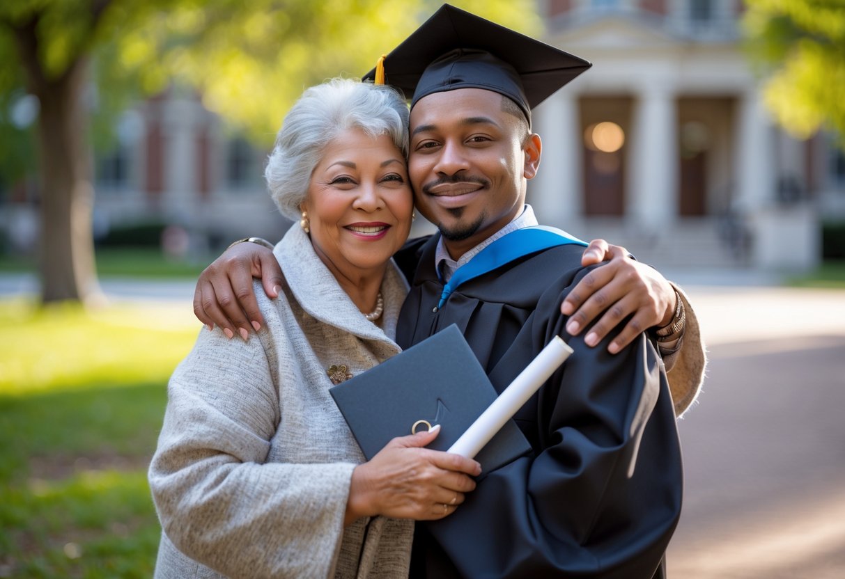 A grandmother warmly embraces her grandson who is wearing a graduation cap and gown, both smiling outdoors on his graduation day.