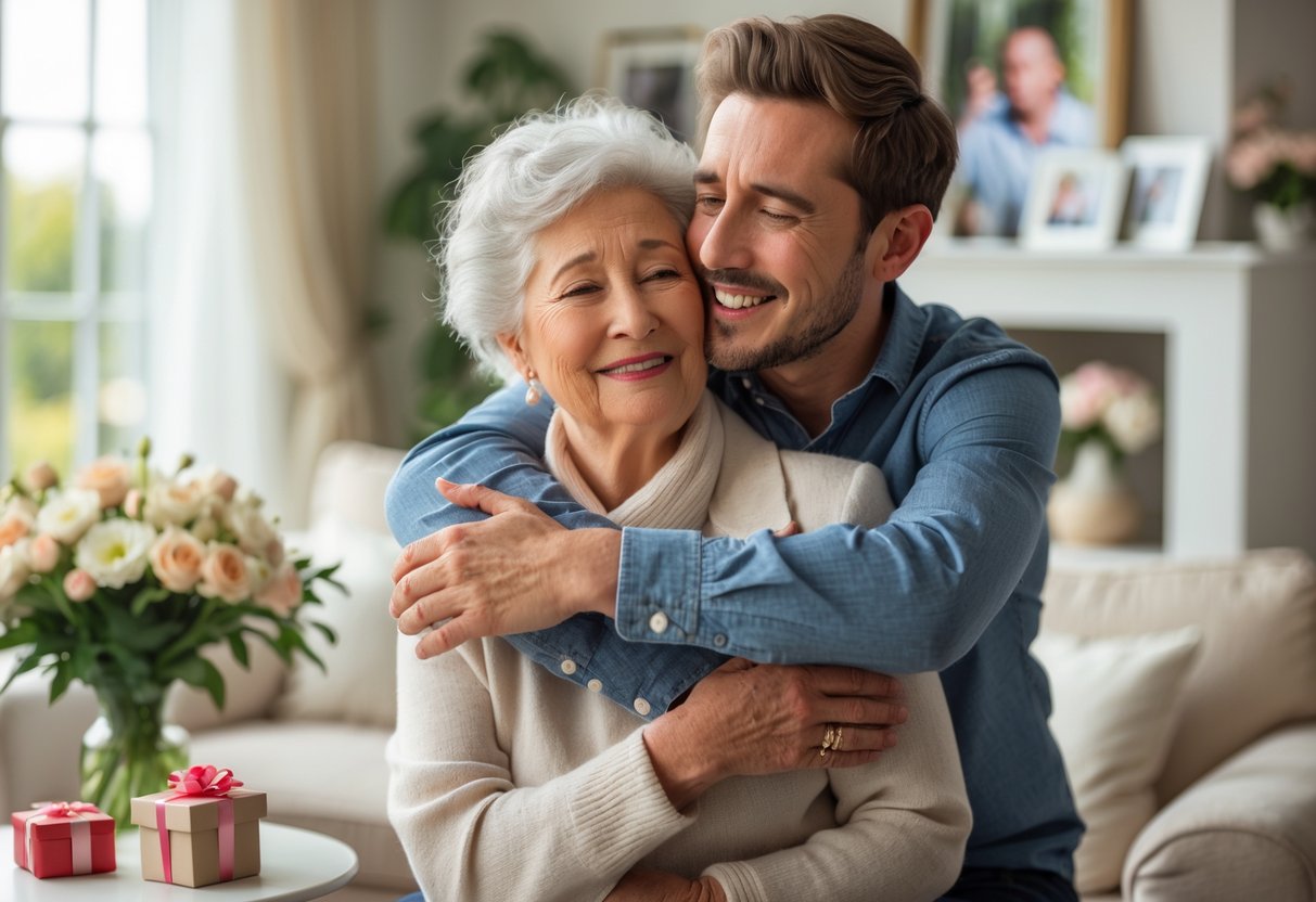A grandmother warmly embracing her grandson in a cozy living room, both smiling happily.
