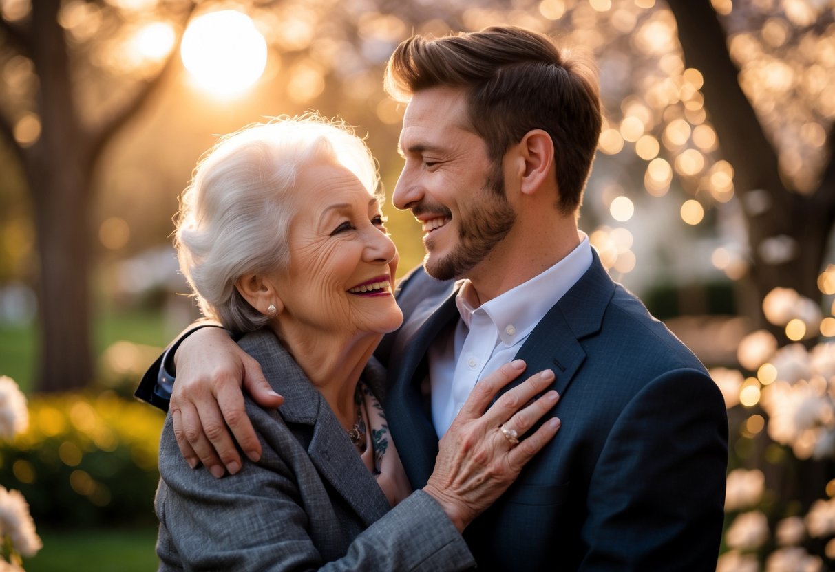 A grandmother warmly embracing her grandson outdoors as they celebrate his engagement, both smiling with happiness.