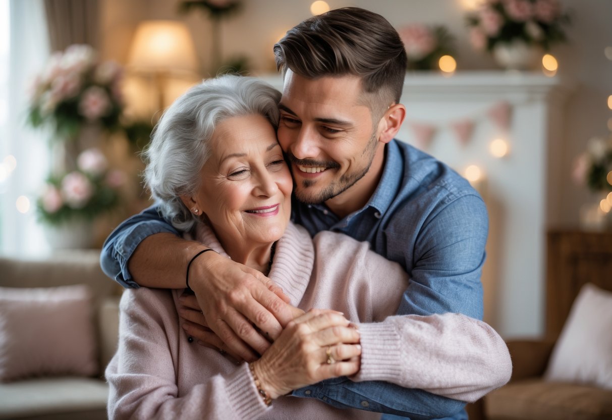 An elderly woman warmly hugging her adult grandson in a decorated living room celebrating his engagement.