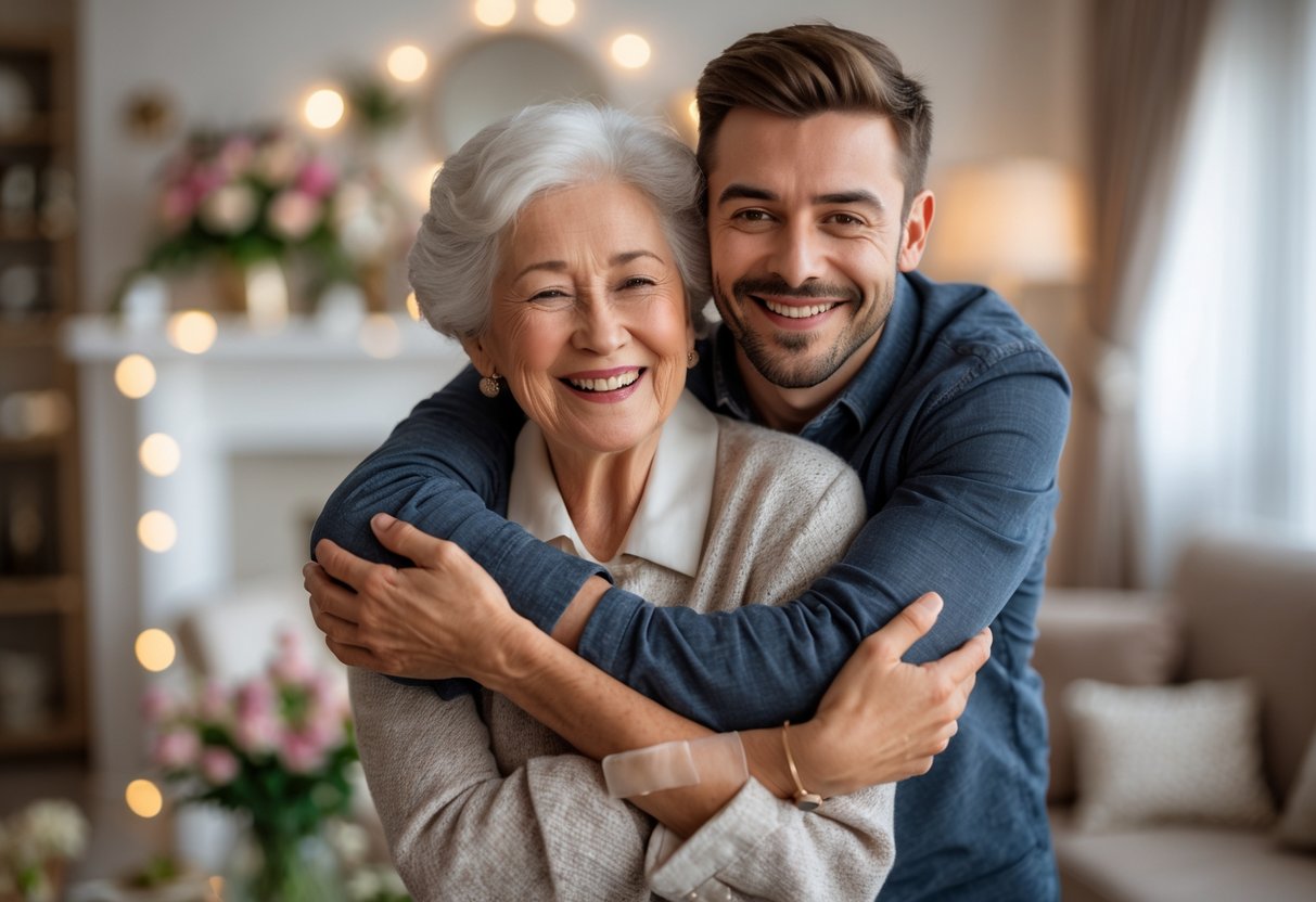 A grandmother warmly embracing her smiling grandson in a cozy living room, celebrating his engagement.