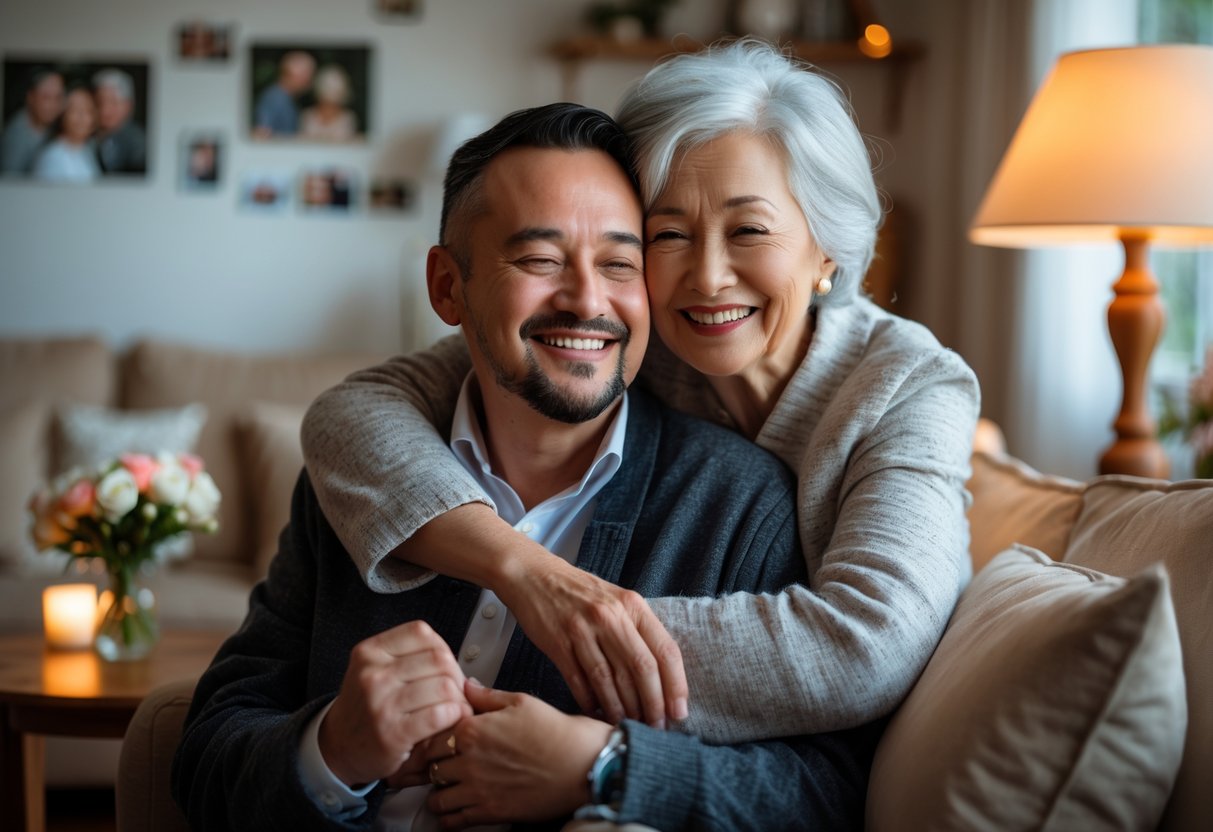 A grandmother warmly embracing her grandson in a cozy living room, celebrating his engagement with smiles and happiness.