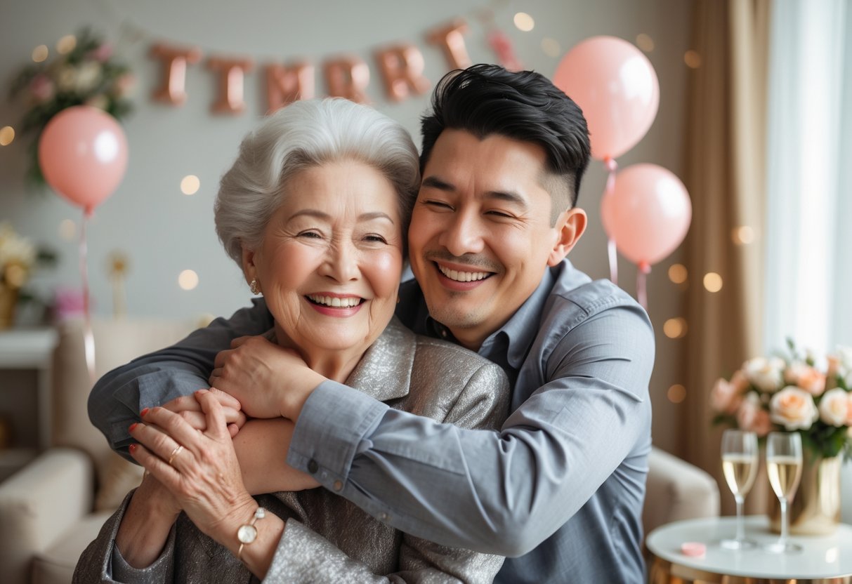An elderly grandmother happily hugging her adult grandson in a decorated living room celebrating his engagement.