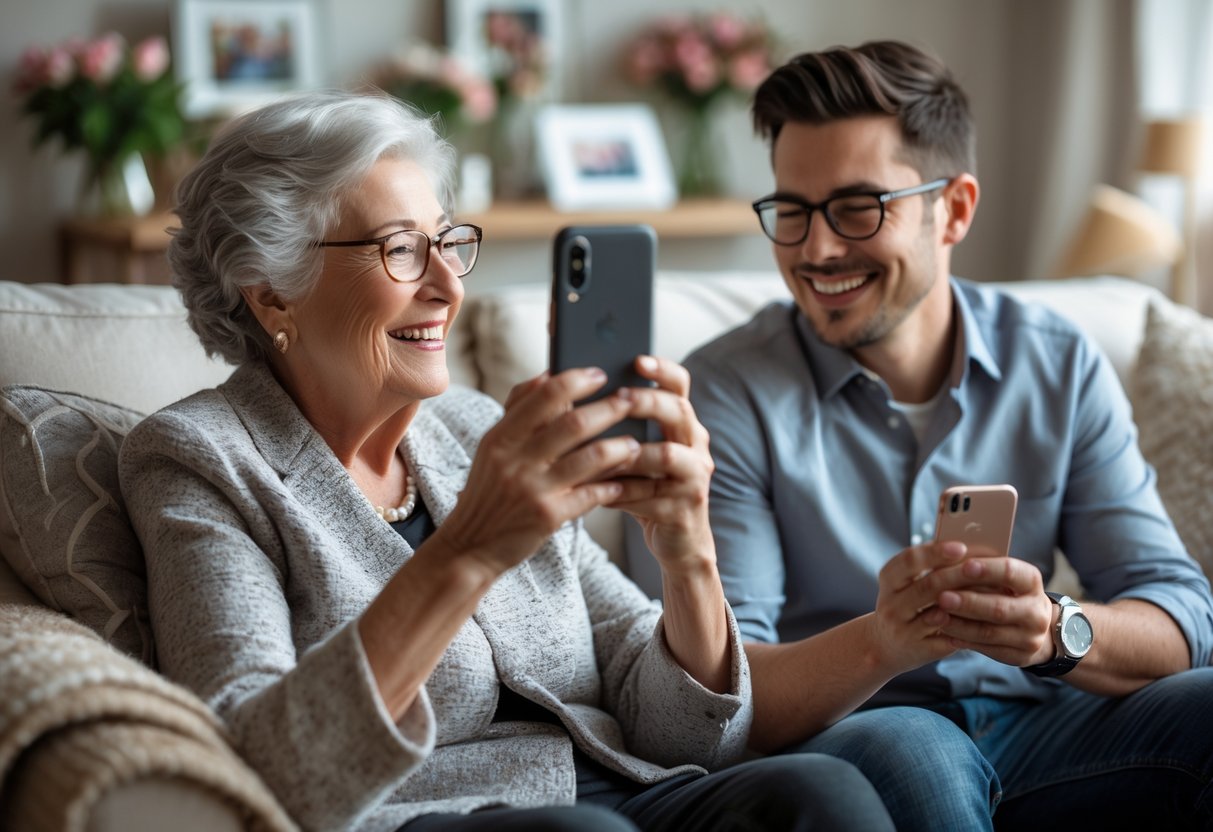 A grandmother video calling her grandson and his fiancée to celebrate their engagement, both smiling happily.