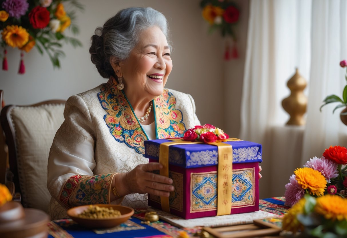 A grandmother in traditional clothing smiling and holding an engagement gift box, surrounded by cultural decorations celebrating her grandson's engagement.
