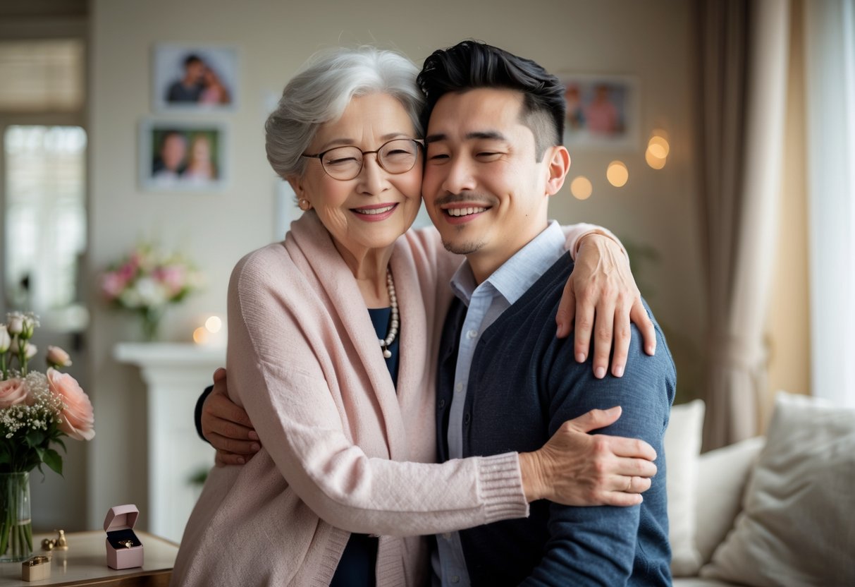 A grandmother warmly embracing her grandson in a cozy living room, celebrating his engagement.