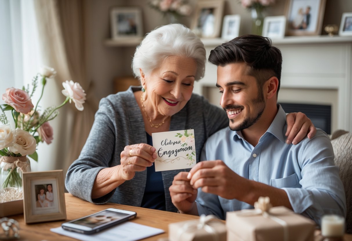 A grandmother happily giving an engagement card to her smiling grandson in a cozy living room with family keepsakes and a phone showing a social media message nearby.