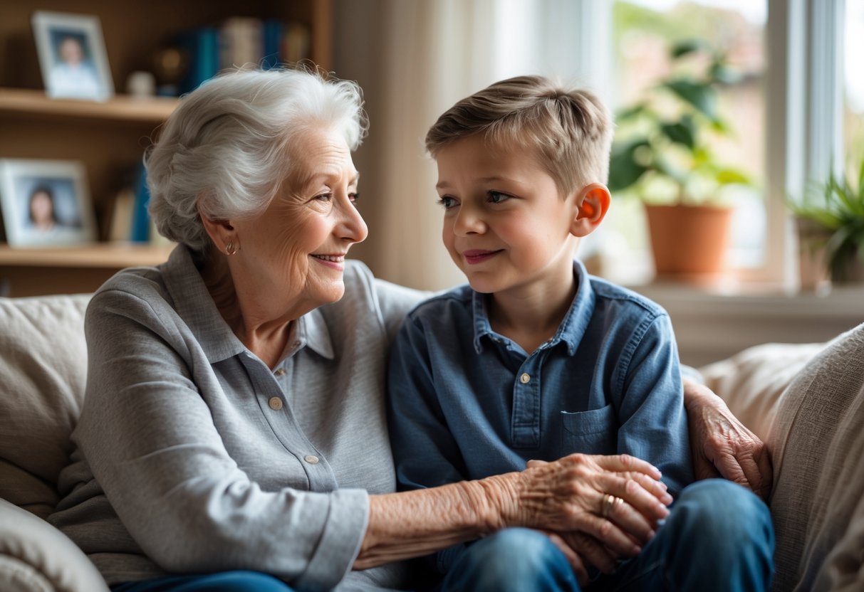 An elderly grandmother encouraging her young grandson as they sit together in a cozy living room.