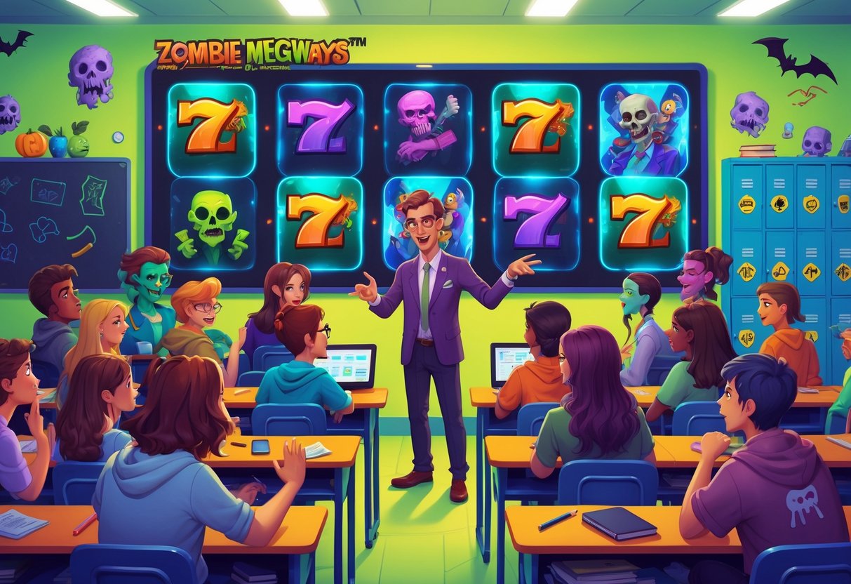 Suasana kelas dengan siswa yang belajar tentang pola dan fitur permainan Zombie School Megaways, dengan layar digital menampilkan simbol permainan dan guru yang sedang menjelaskan materi.