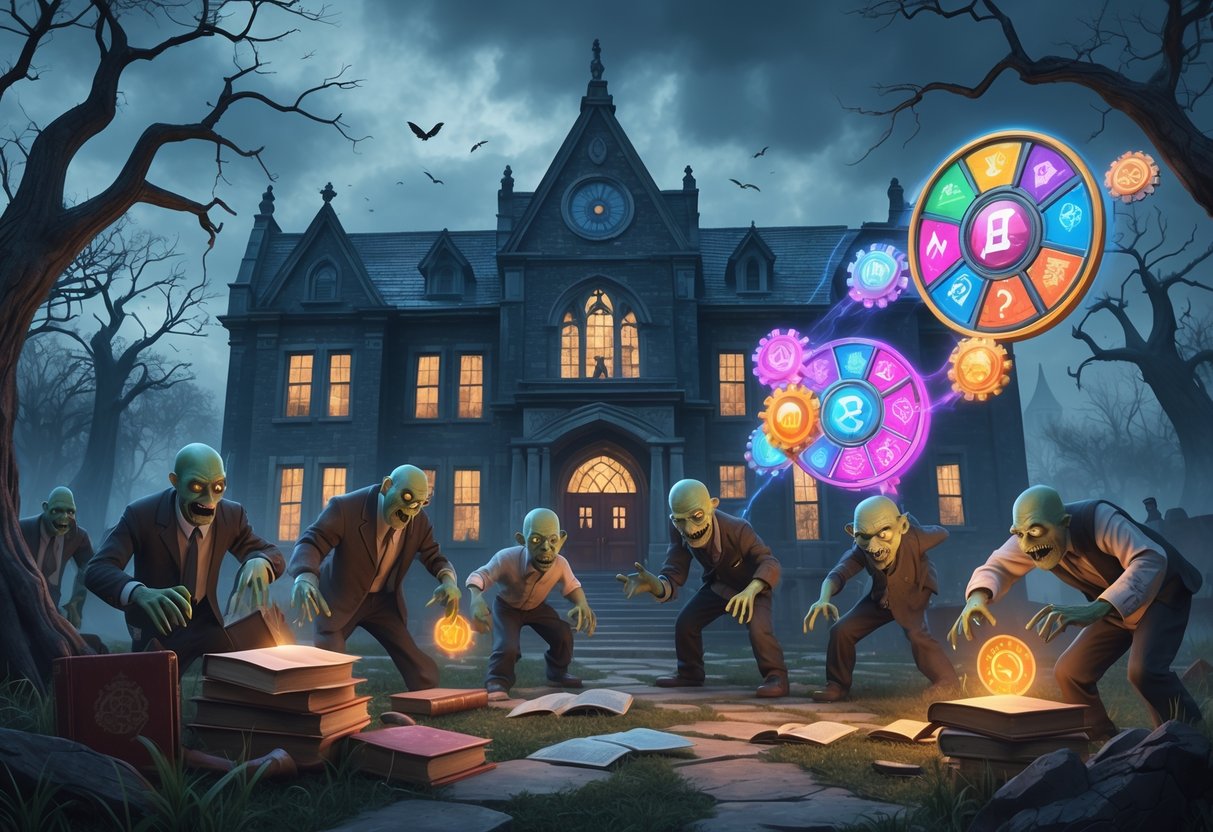 Sebuah sekolah besar yang menyeramkan dengan beberapa zombie ramah sedang belajar dan bermain dengan gulungan mesin slot yang bercahaya di depan sekolah.