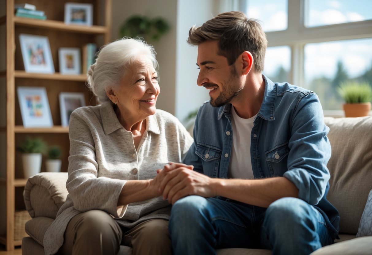 An elderly grandmother and her young adult grandson share a supportive moment in a cozy living room, with the grandmother holding his hand as he looks hopeful and inspired.