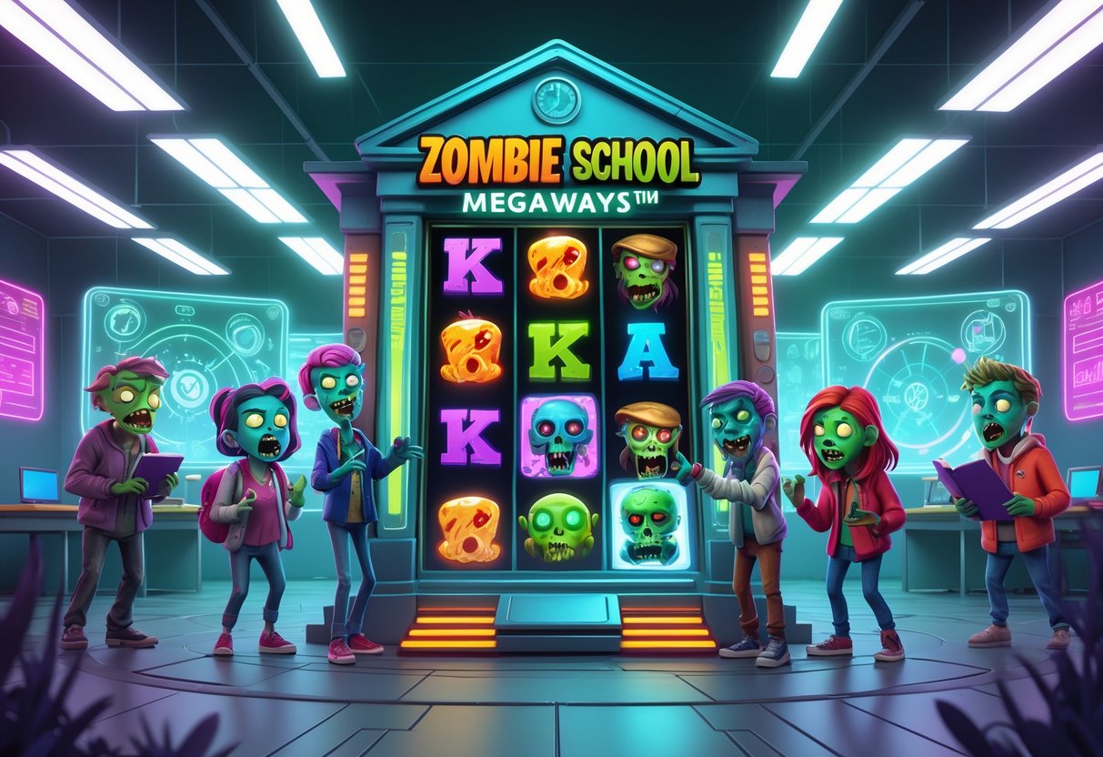 Ilustrasi sekolah dengan tema zombie, menampilkan mesin slot besar dan karakter zombie siswa serta guru di lingkungan sekolah yang futuristik dan penuh warna.