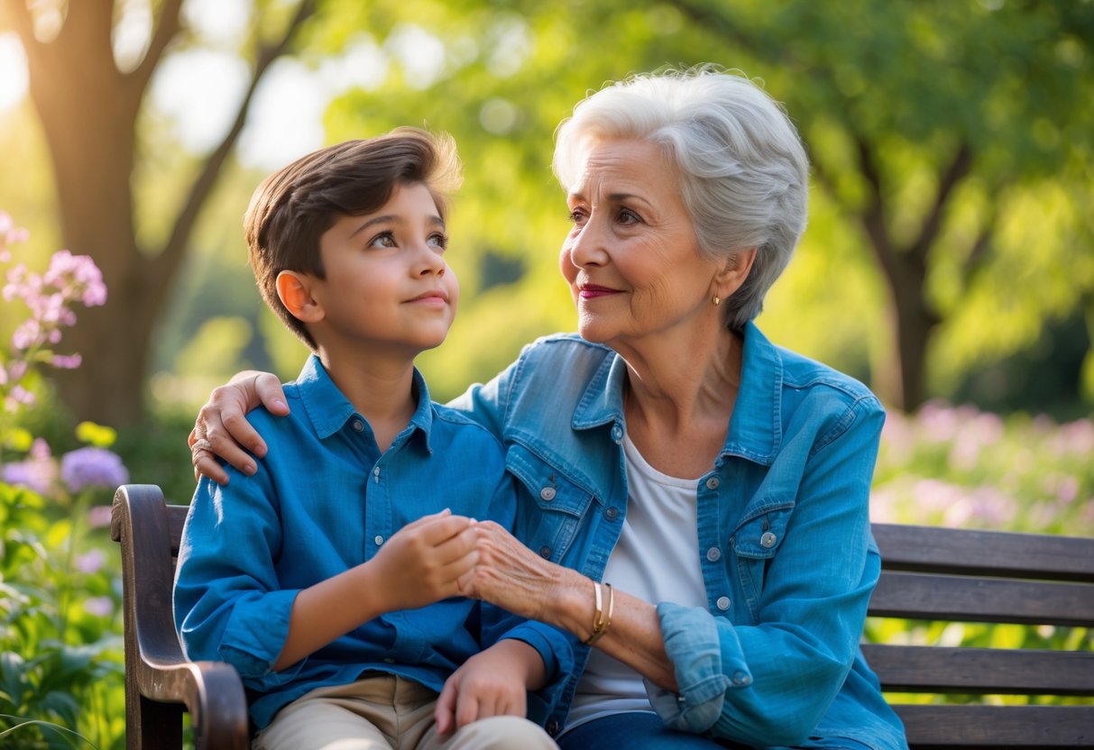A grandmother and her grandson sitting together outdoors, sharing a warm and encouraging moment.