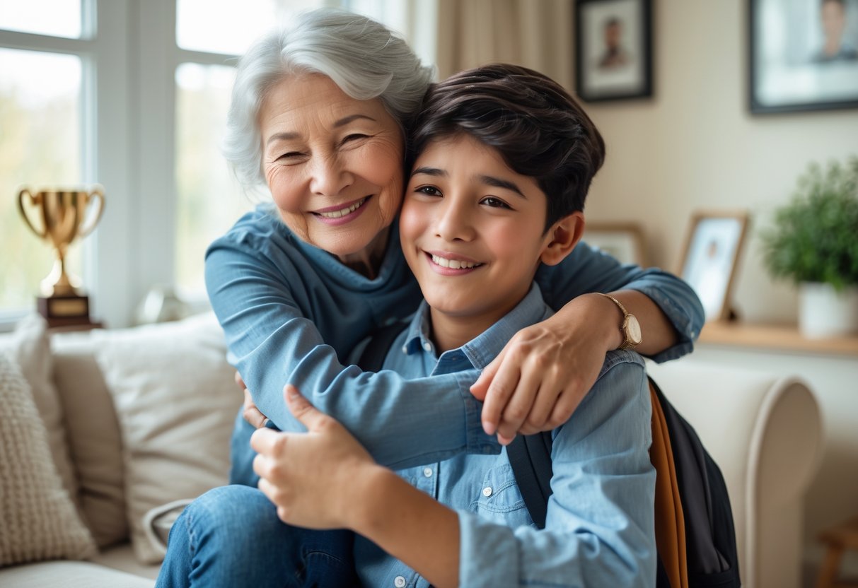 A grandmother warmly embraces her smiling grandson in a cozy living room, celebrating his achievements and dreams.