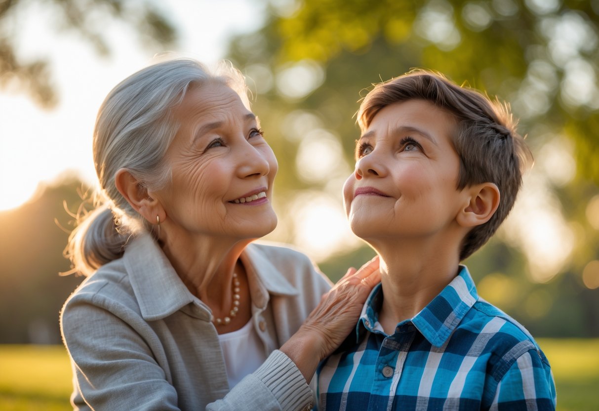 An elderly grandmother smiling and encouraging her young grandson outdoors in a sunlit park.