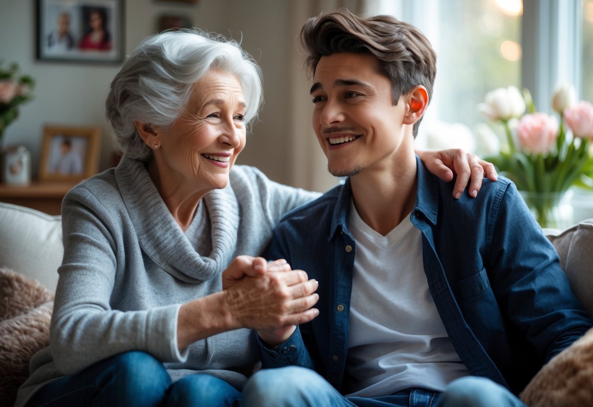 Grandmother and grandson sharing a warm moment celebrating his achievement in a cozy living room.