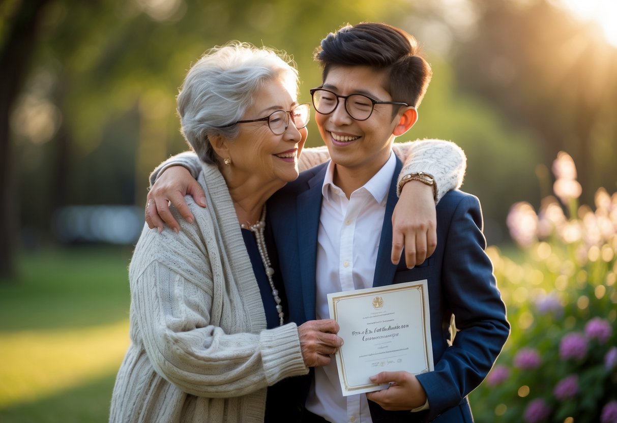 A grandmother warmly embracing her smiling grandson outdoors, celebrating his first big achievement.