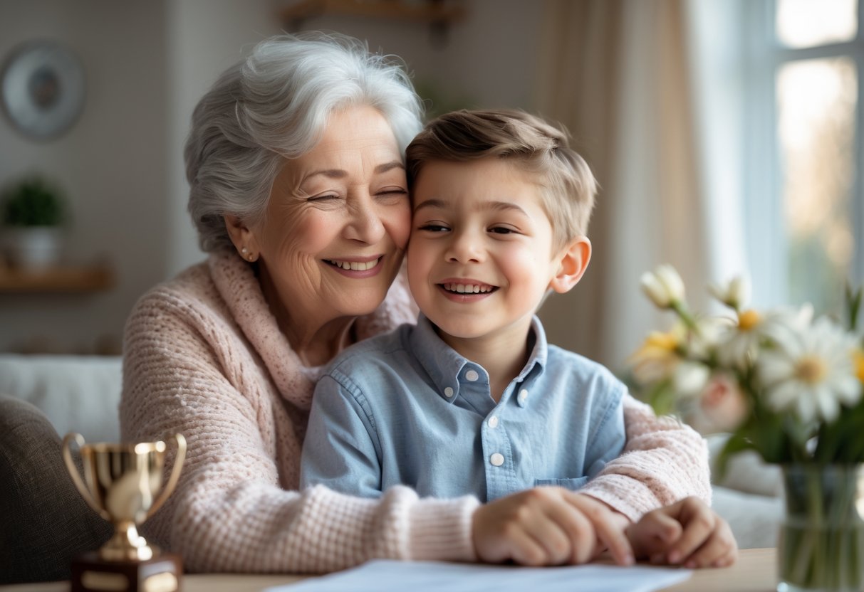 An elderly grandmother warmly embracing her smiling young grandson indoors, celebrating his achievement.