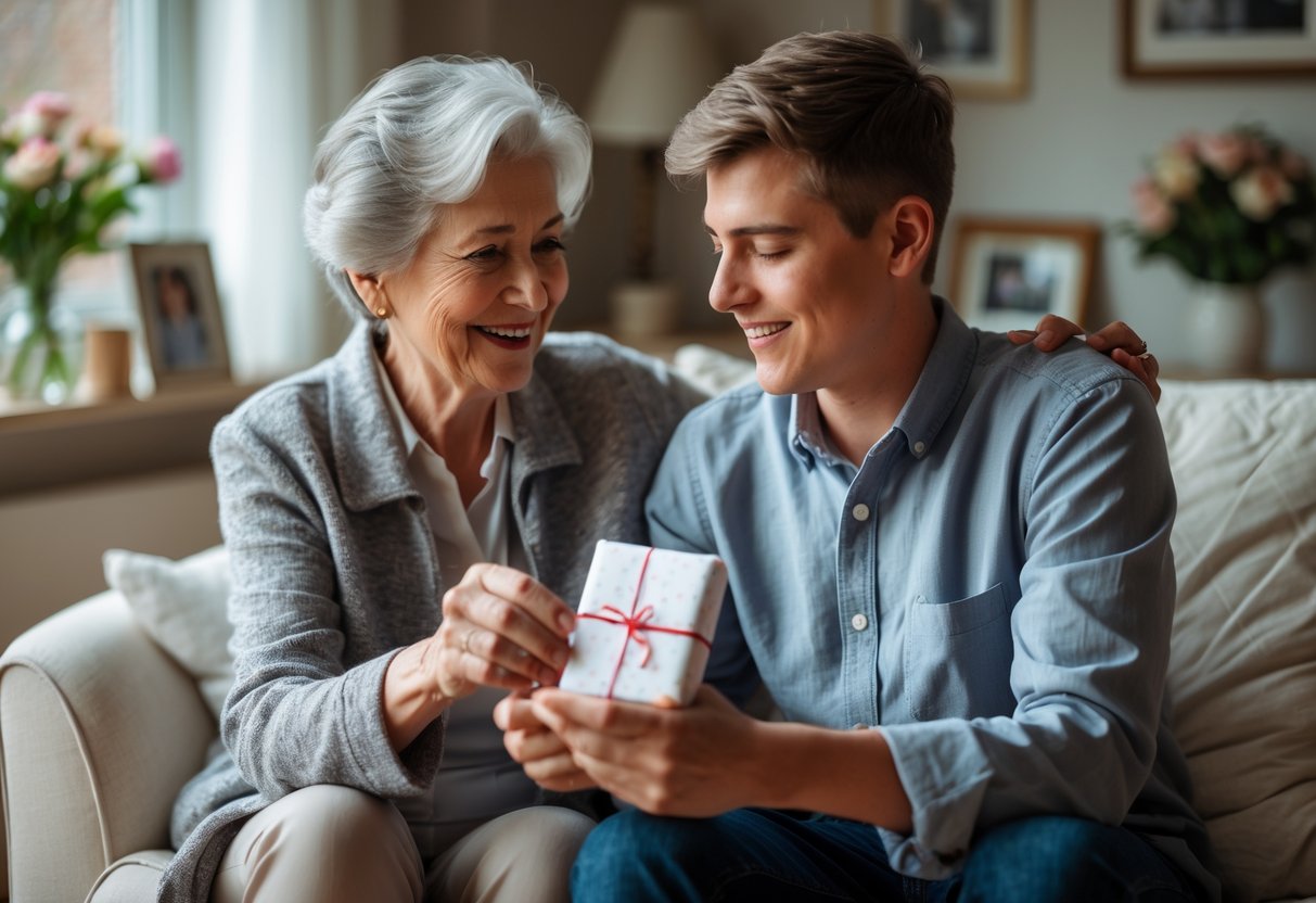 Grandmother giving a gift or letter to her grandson in a cozy living room, both smiling warmly.