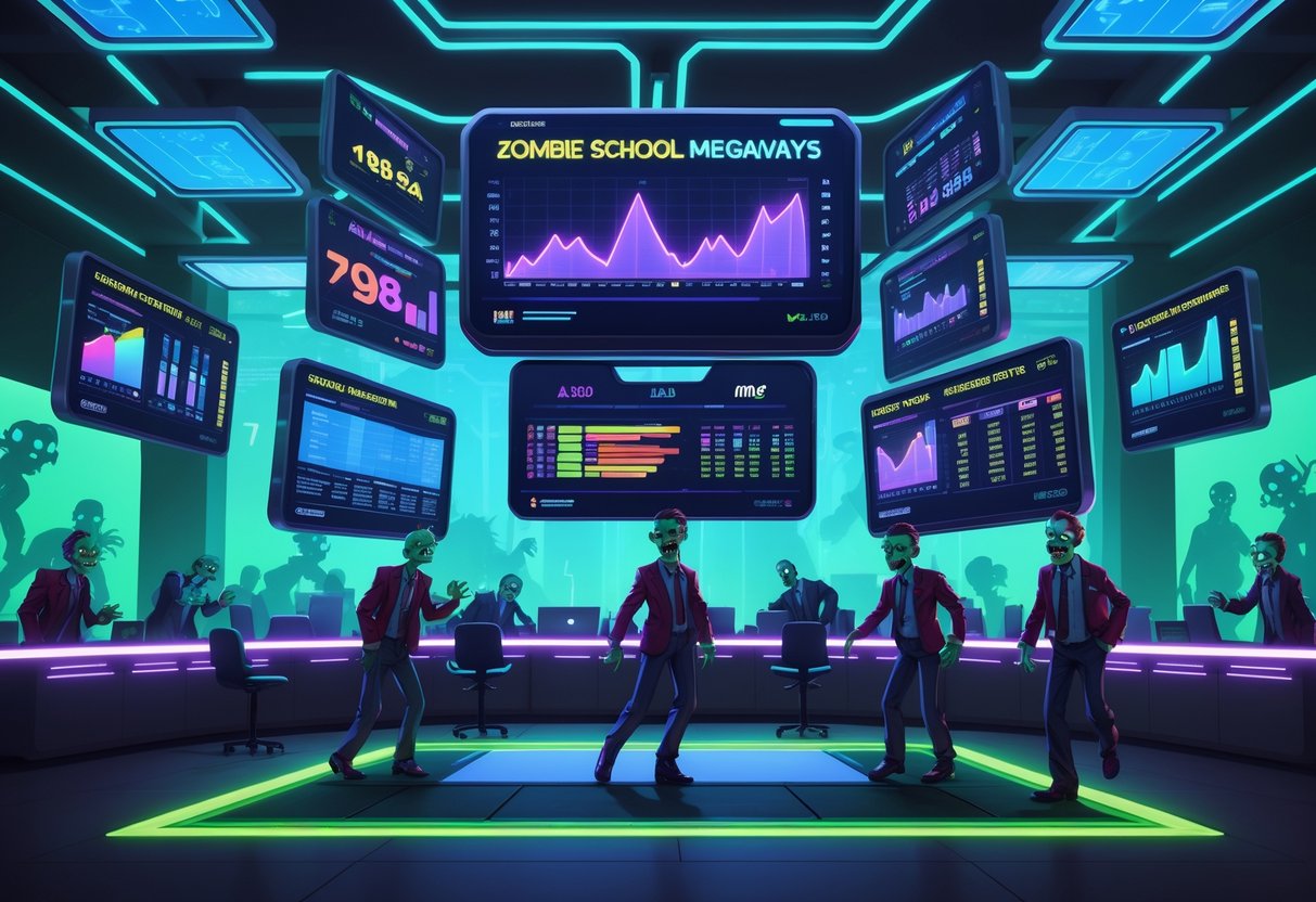 Ilustrasi ruangan kontrol futuristik dengan layar digital menampilkan data dan statistik permainan bertema zombie di sekolah.
