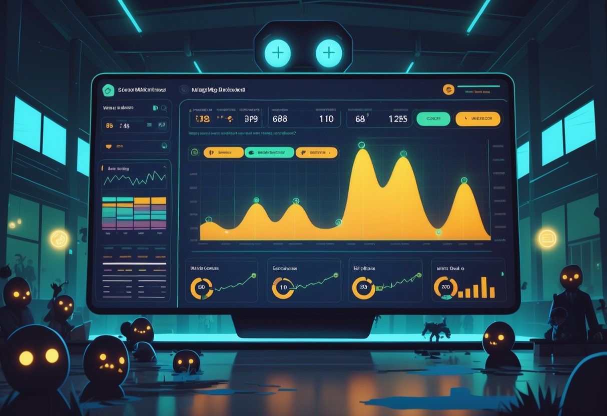 Tampilan antarmuka permainan dengan tema sekolah zombie yang menampilkan grafik dan data waktu nyata di latar belakang sekolah futuristik dengan siluet zombie.