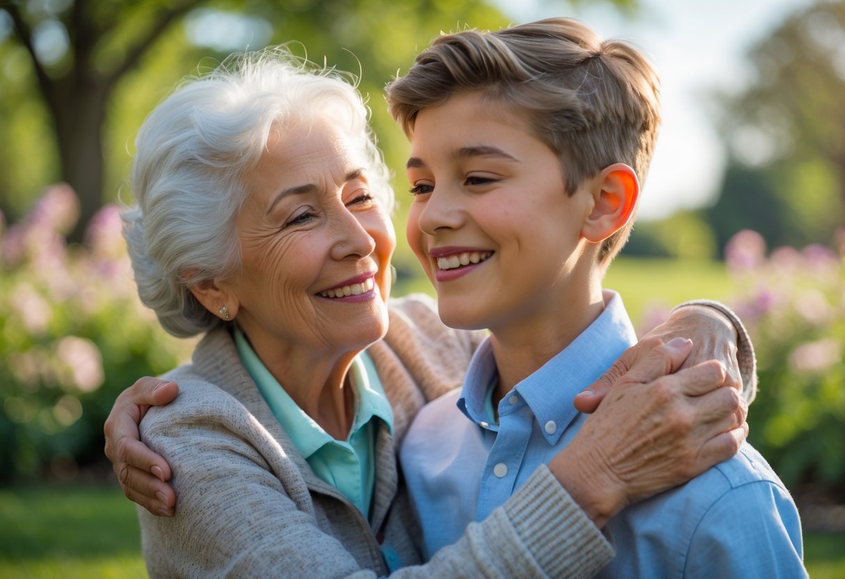 A grandmother warmly embracing her smiling grandson outdoors in a park, celebrating his achievement.