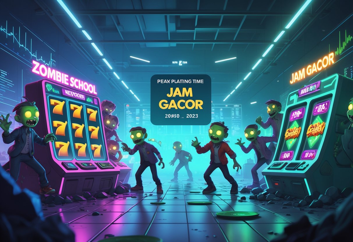 Suasana sekolah futuristik dengan zombie bermain mesin slot di tengah data statistik dan grafik permainan.