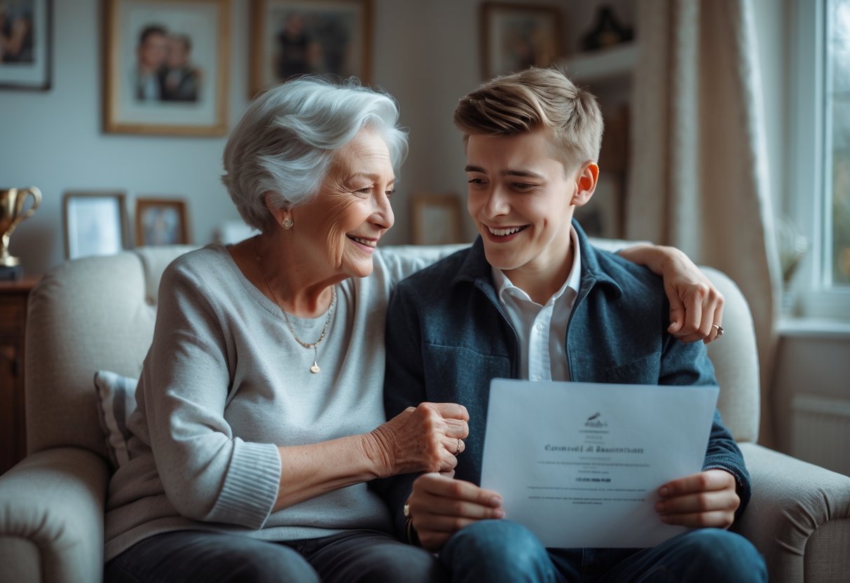 An elderly grandmother and her young adult grandson sitting together in a cozy living room, sharing a warm moment as he holds an award.