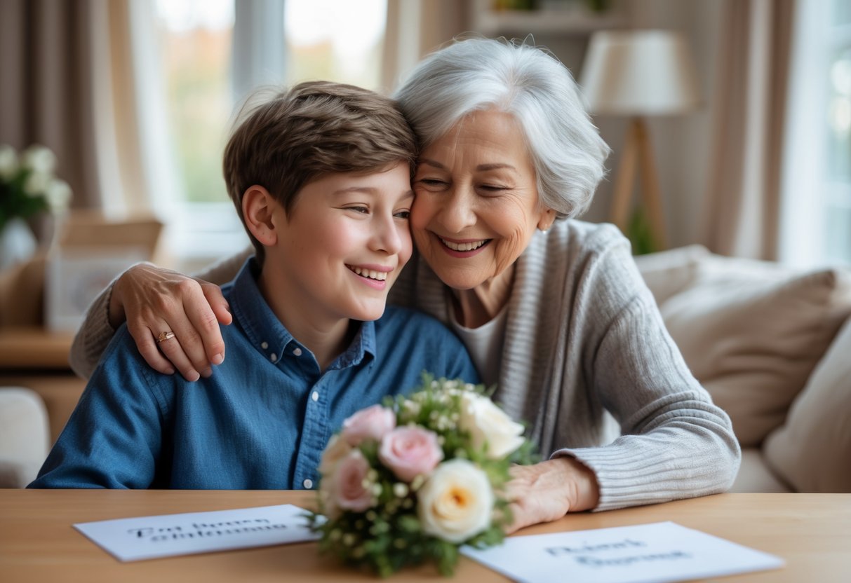 A grandmother warmly embracing her proud grandson in a cozy living room, celebrating his first big achievement.