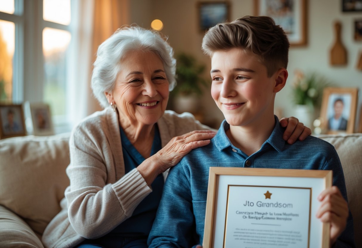 Grandmother and grandson sharing a proud and loving moment celebrating his achievement in a cozy living room.