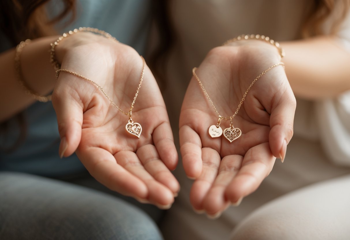Two women’s hands gently holding matching delicate jewelry pieces symbolizing friendship and connection.