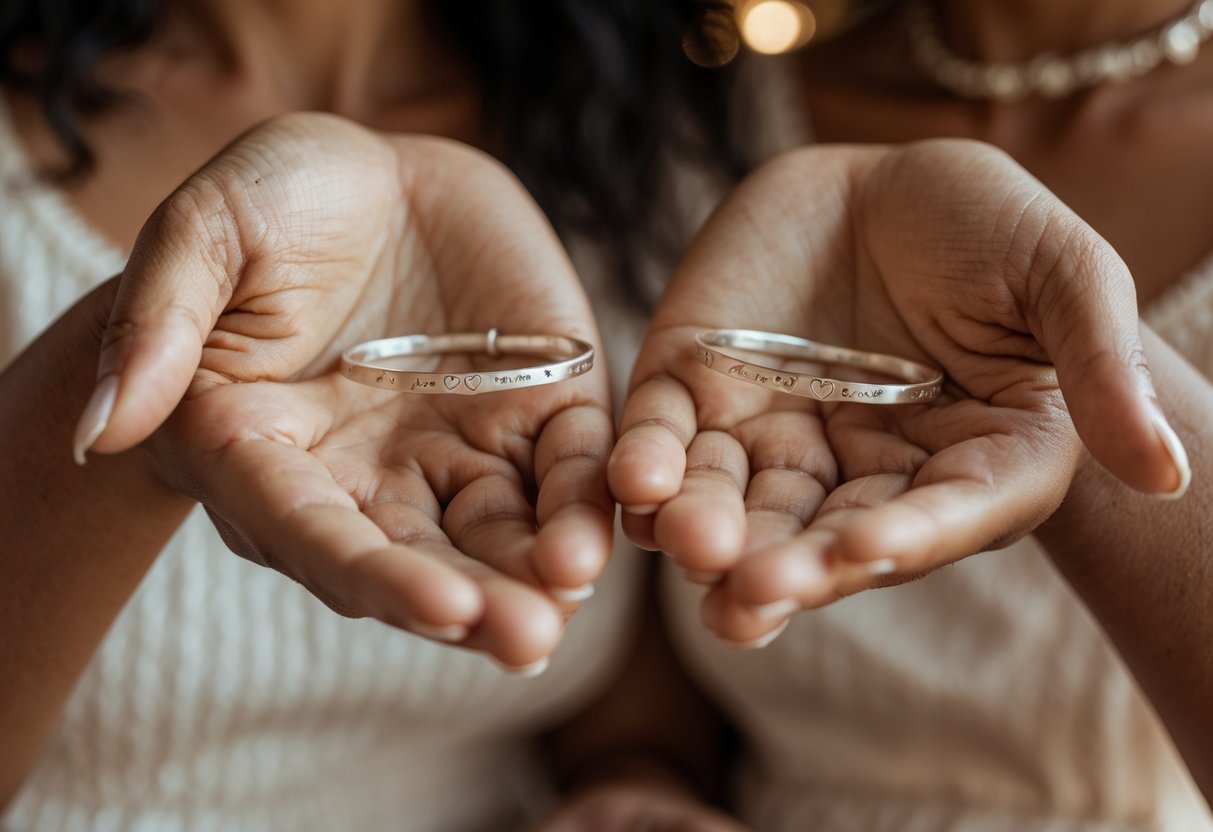 Two women holding matching silver bracelets, showing a close and meaningful connection.