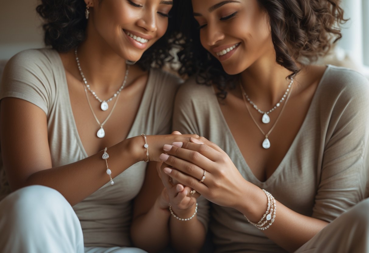 Two women sitting closely together, smiling and holding hands, wearing matching meaningful jewelry.