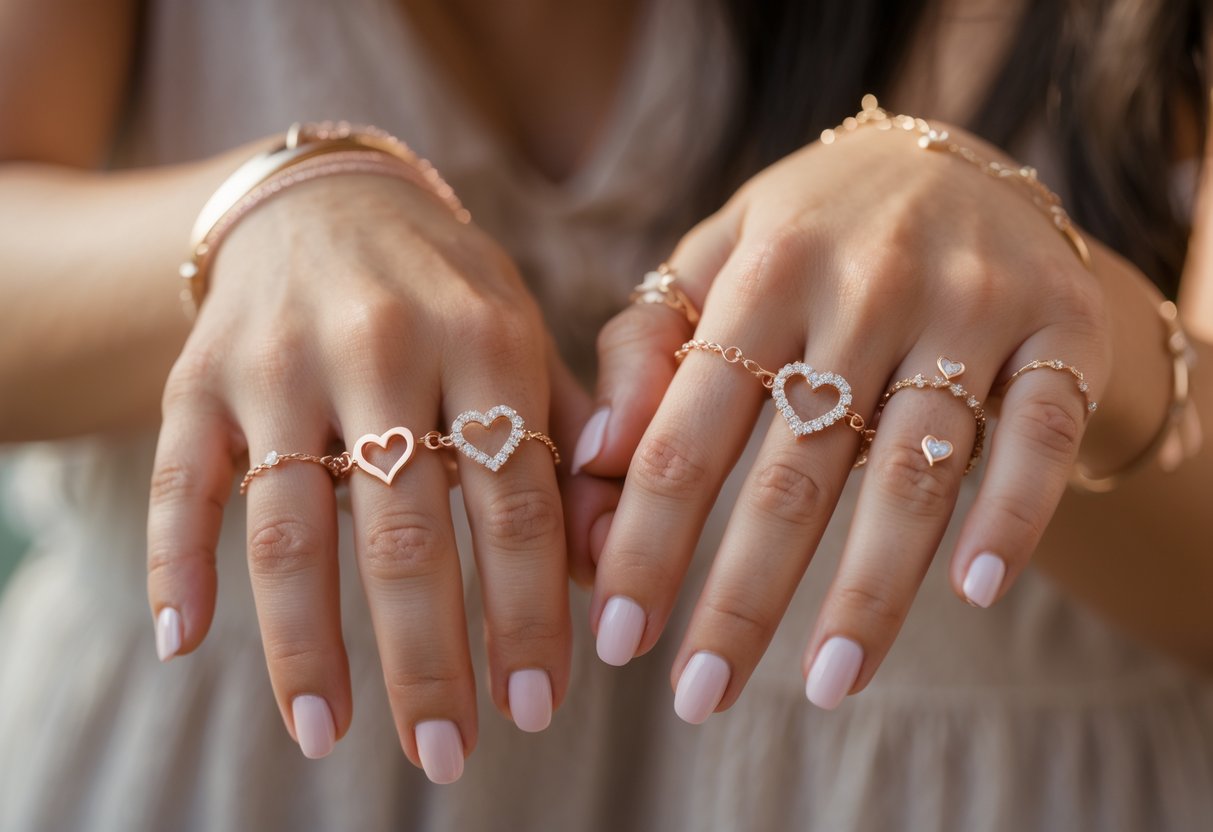 Close-up of two women’s hands gently touching, each wearing meaningful friendship jewelry.