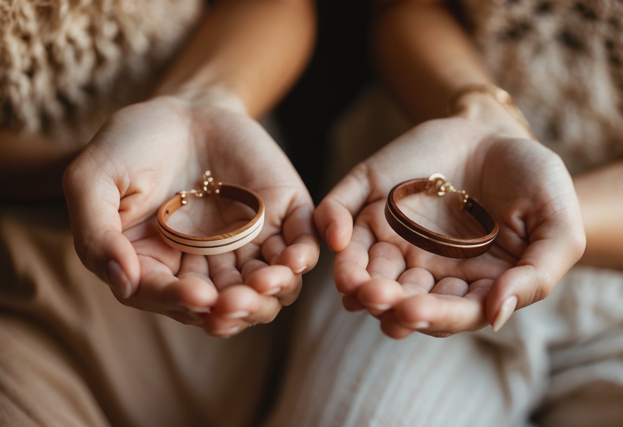 Two women holding matching soul sister jewelry pieces, showing a close and meaningful connection.