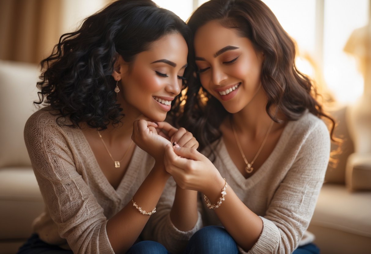 Two women sharing a heartfelt moment as one gives the other a meaningful piece of jewelry.