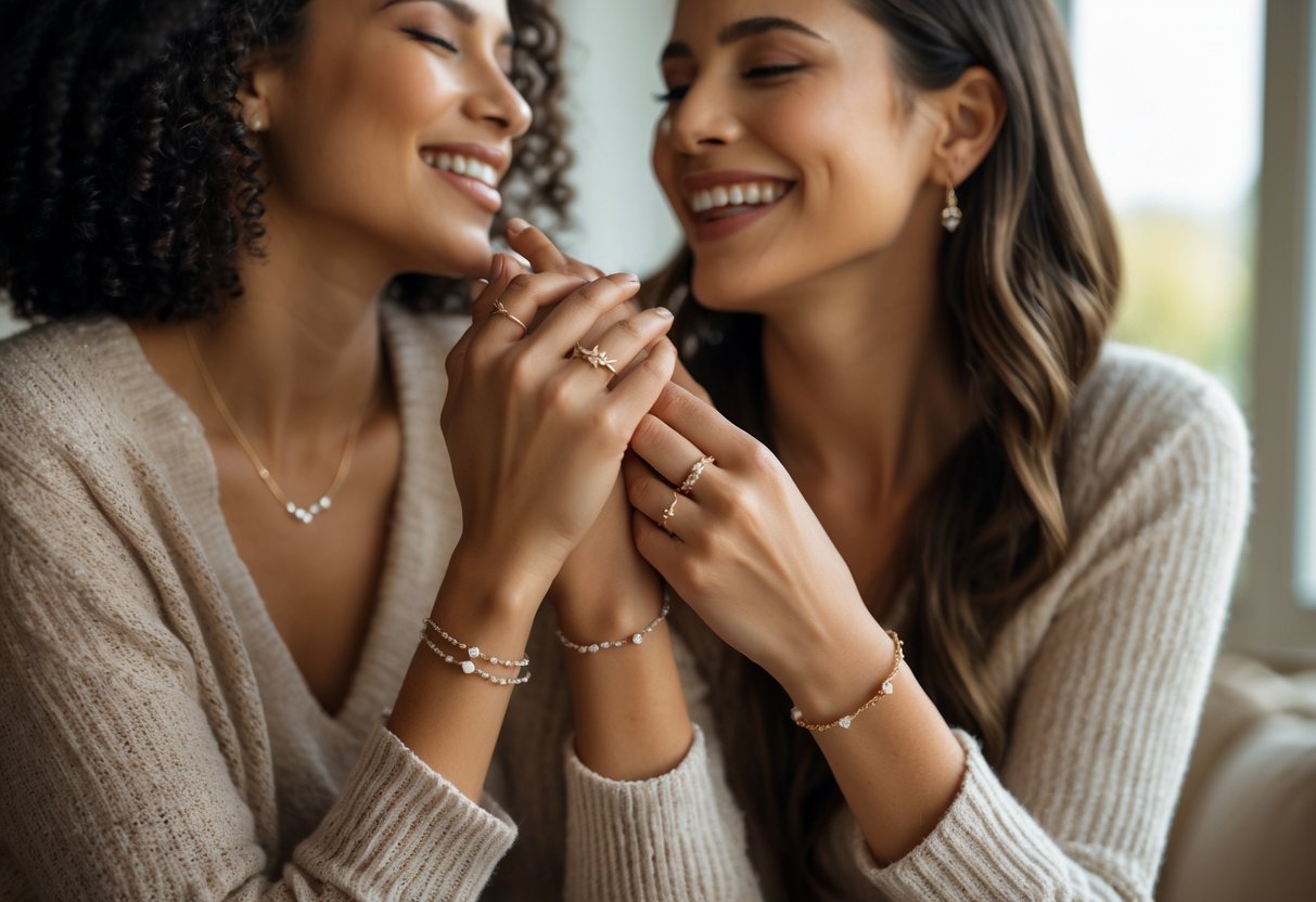 Two women smiling and holding hands, wearing matching bracelets and rings.