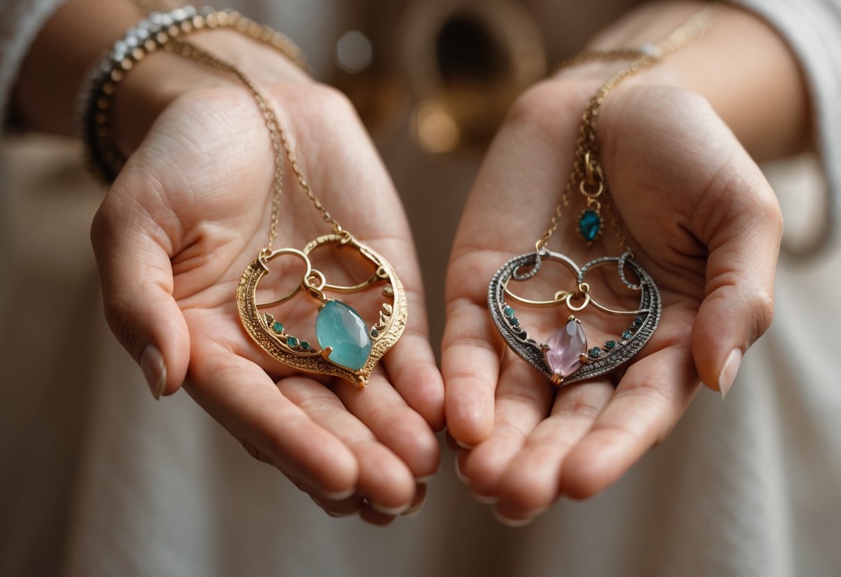 Hands holding handcrafted jewelry pieces with a soft blurred background.